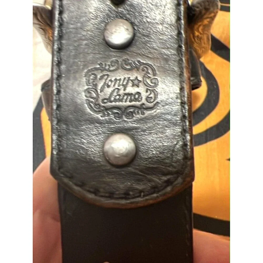 Tony Lama Western Leather Belt • Silver Engraved Buckle • Concho Accents